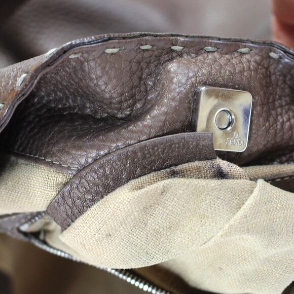 FENDI Selleria Lavorazione A Mano Bronze Pebbled Leather Satchel Handbag Bucket - Picture 9 of 10